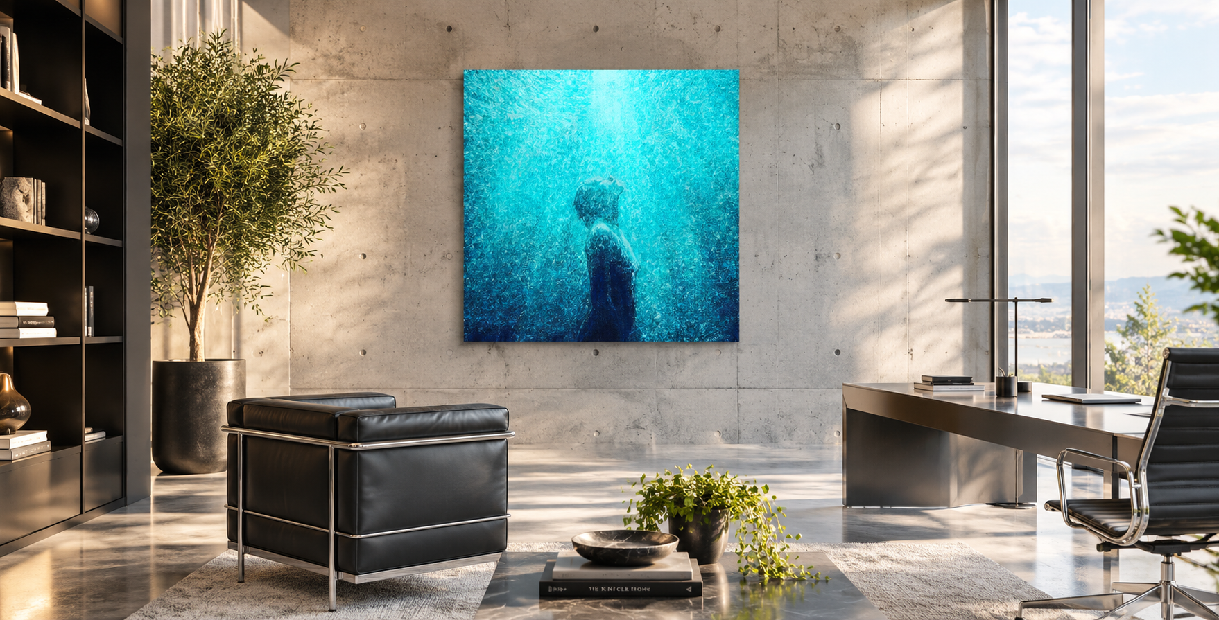Salon contemporain avec œuvre turquoise
